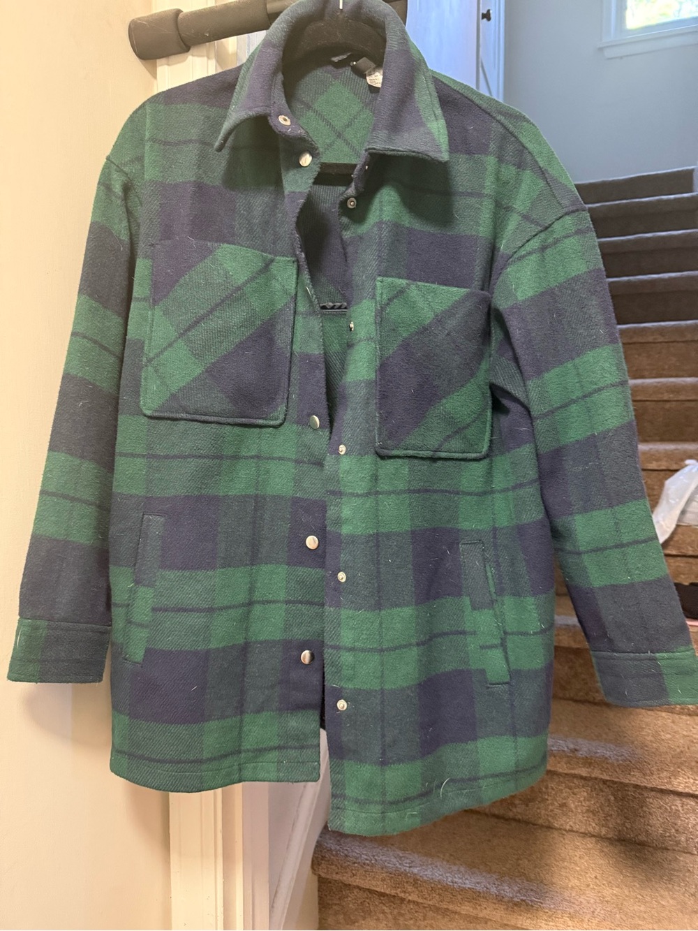 H&M Green and Navy Plaid Utility Shacket